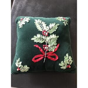 Vintage Embroidered Holly Ribbon Christmas Velvet Pillow